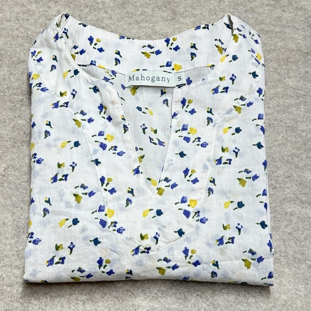 Mahogany Floral Cotton Tunic Top White Blue‎ Yellow Split Neck 3/4 Sleeve Small
